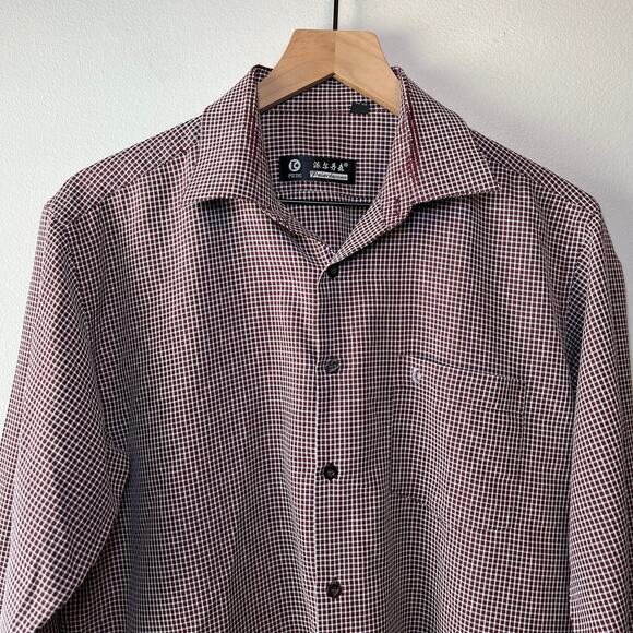 PEDS Paierdansen Men's Long Sleeve Gingham Print Dress Shirt Maroon Red Size 16 - Picture 2 of 5